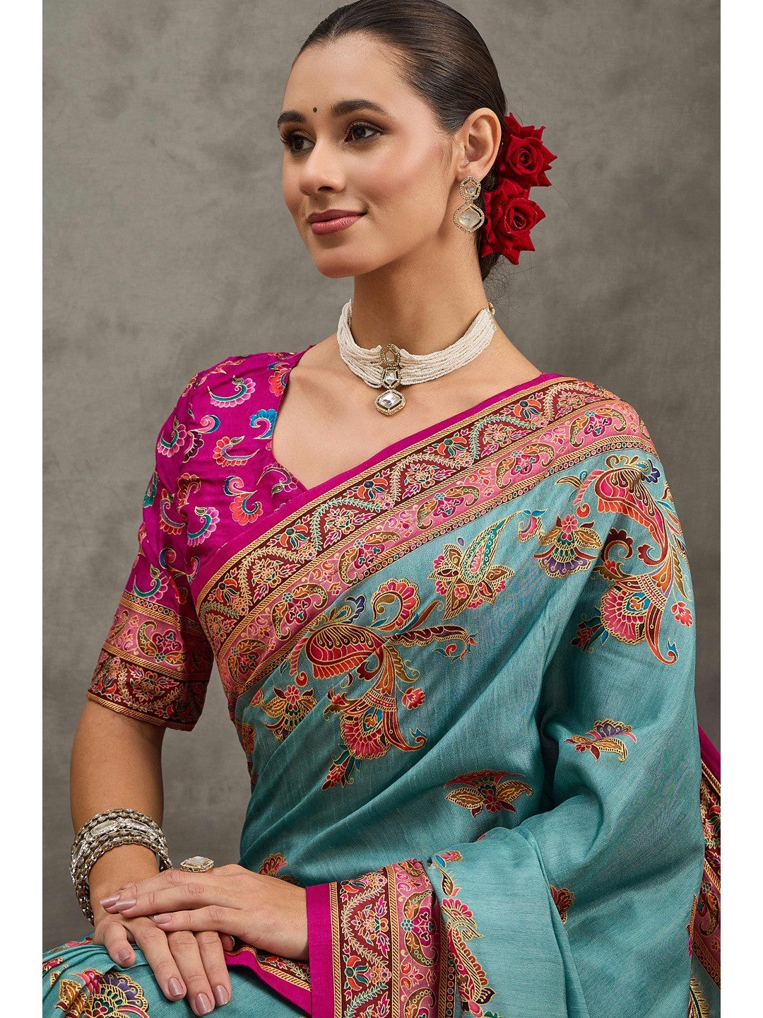 Refreshing Blue Floral & Paisley Position Printed Pure Viscose Dola Saree With Timeless Charm - Image 6