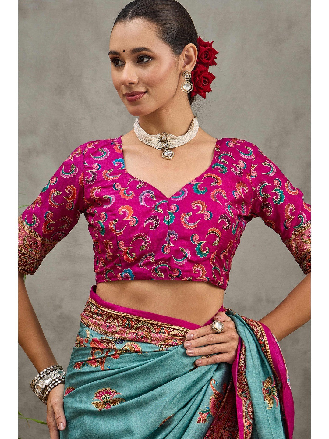 Refreshing Blue Floral & Paisley Position Printed Pure Viscose Dola Saree With Timeless Charm - Image 9