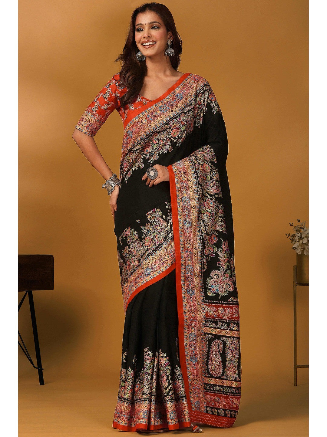 Elegant Black Pure Viscose Dola Saree Adorned With Floral & Paisley Position Prints - Image 1