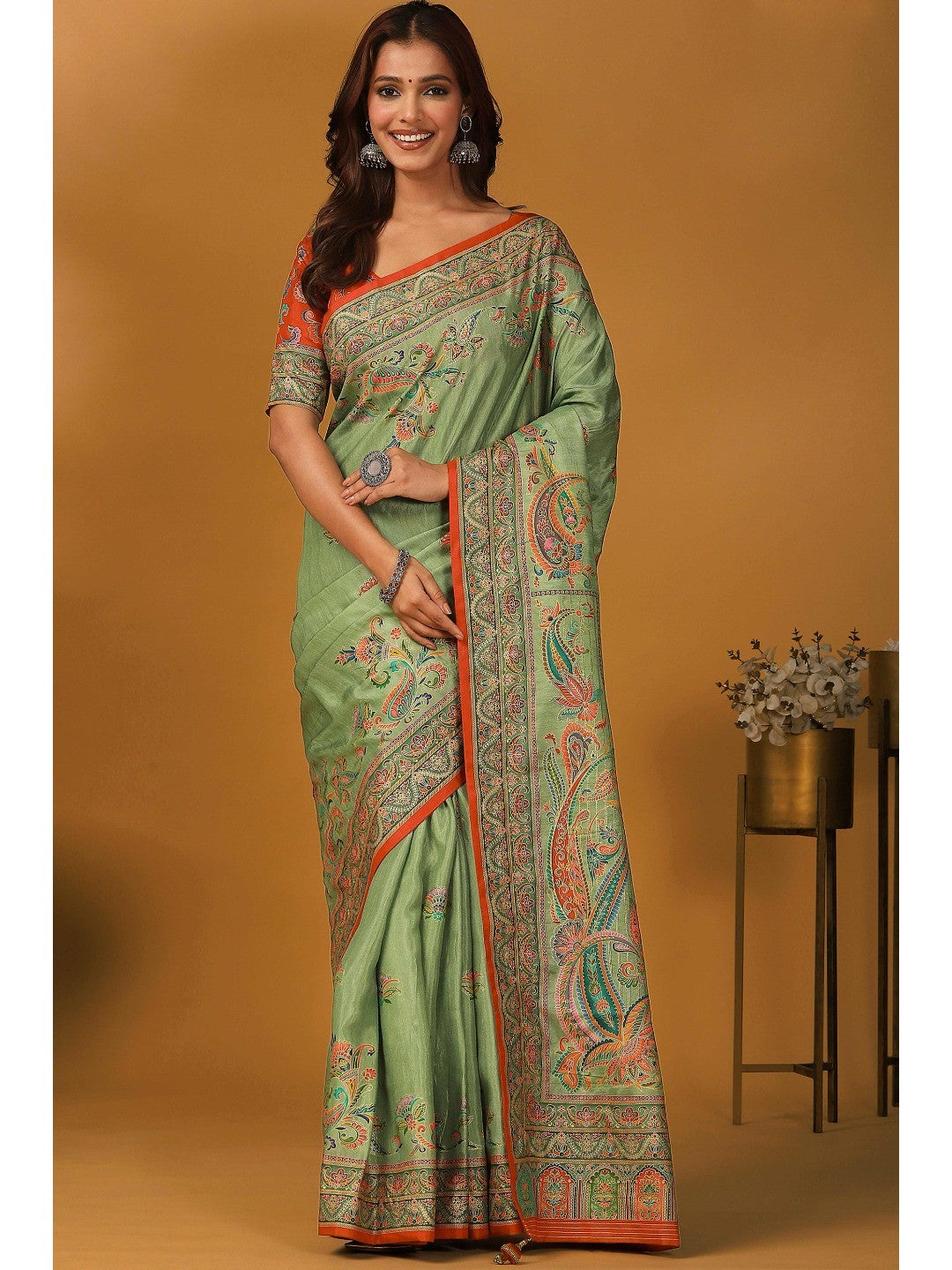 Refreshing Green Floral & Paisley Position Printed Pure Viscose Dola Saree With Timeless Charm - Image 1