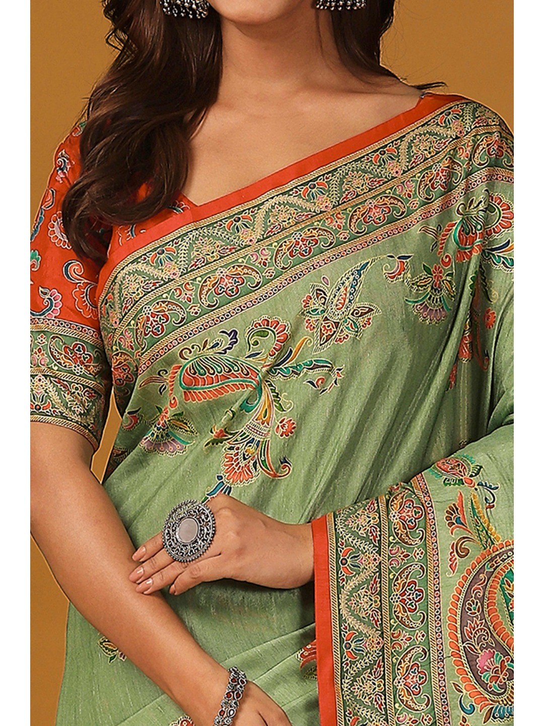 Refreshing Green Floral & Paisley Position Printed Pure Viscose Dola Saree With Timeless Charm - Image 8