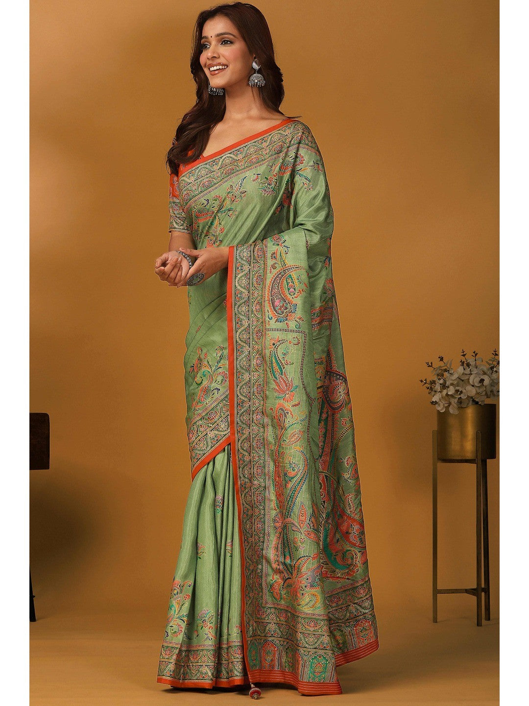 Refreshing Green Floral & Paisley Position Printed Pure Viscose Dola Saree With Timeless Charm - Image 2