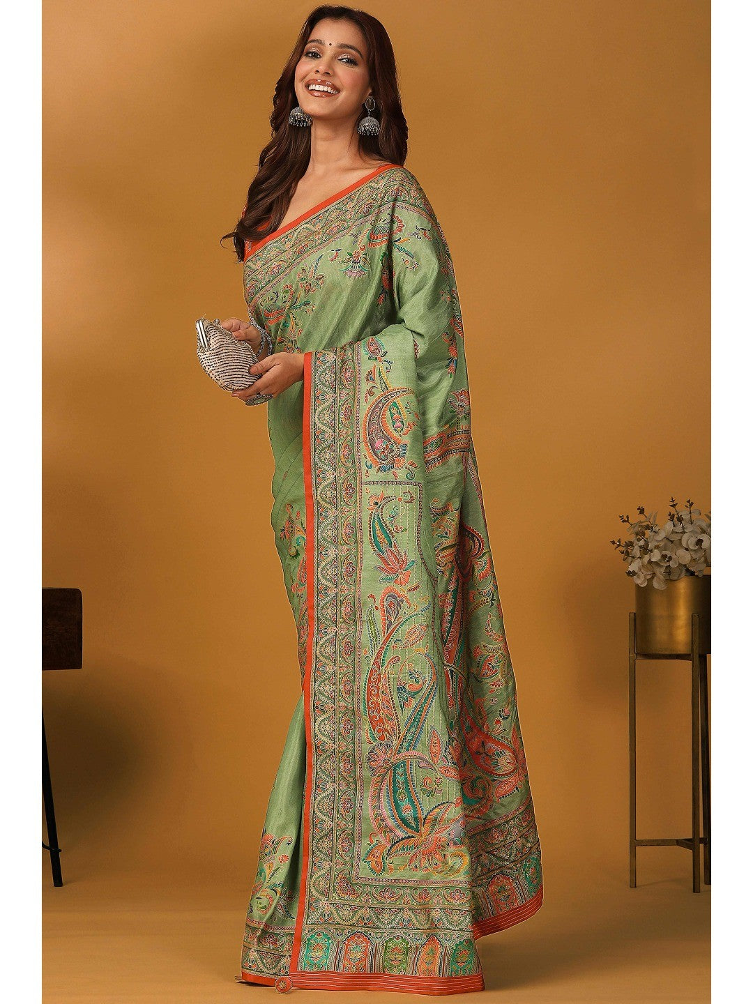 Refreshing Green Floral & Paisley Position Printed Pure Viscose Dola Saree With Timeless Charm - Image 4