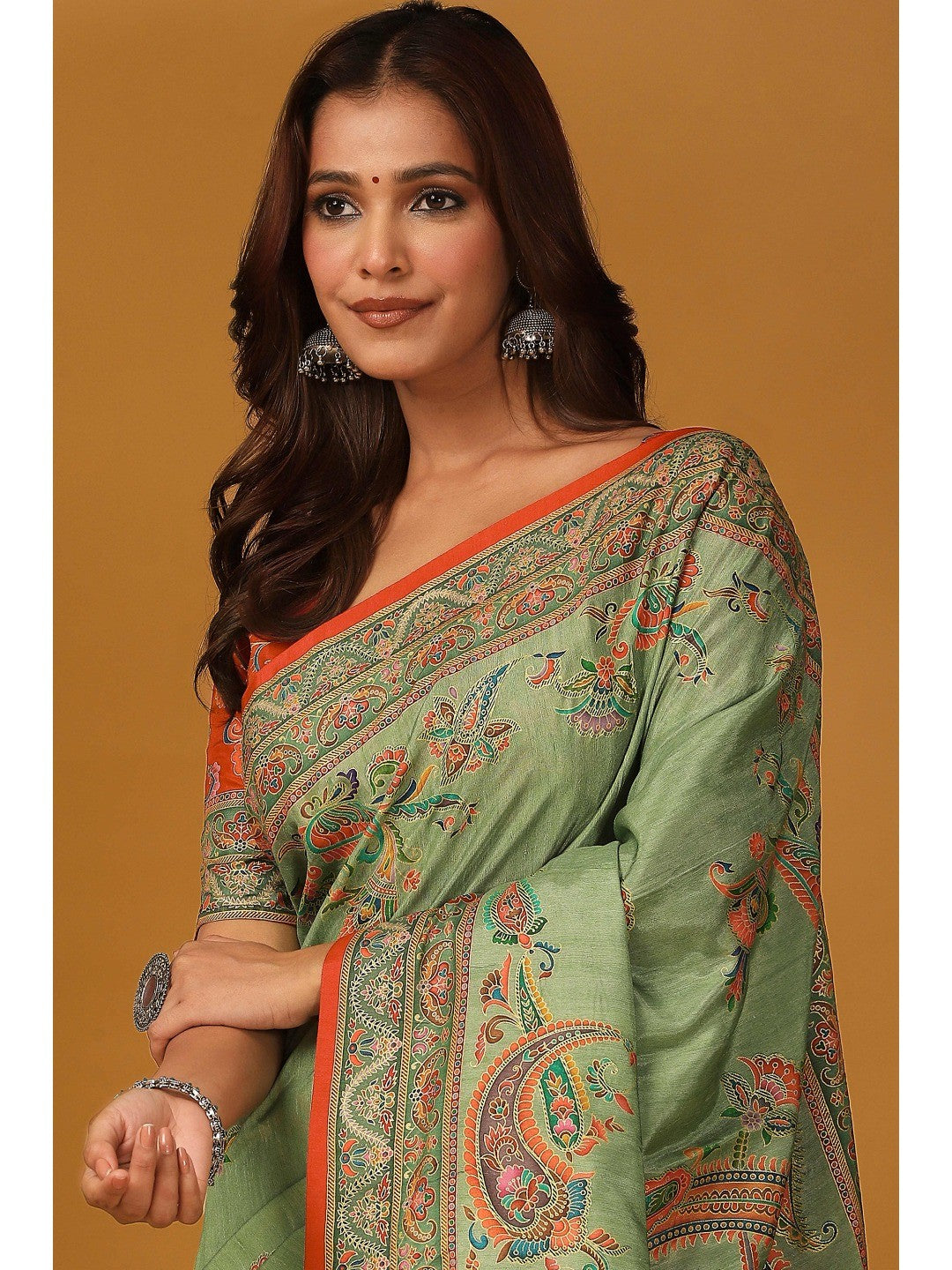 Refreshing Green Floral & Paisley Position Printed Pure Viscose Dola Saree With Timeless Charm - Image 6