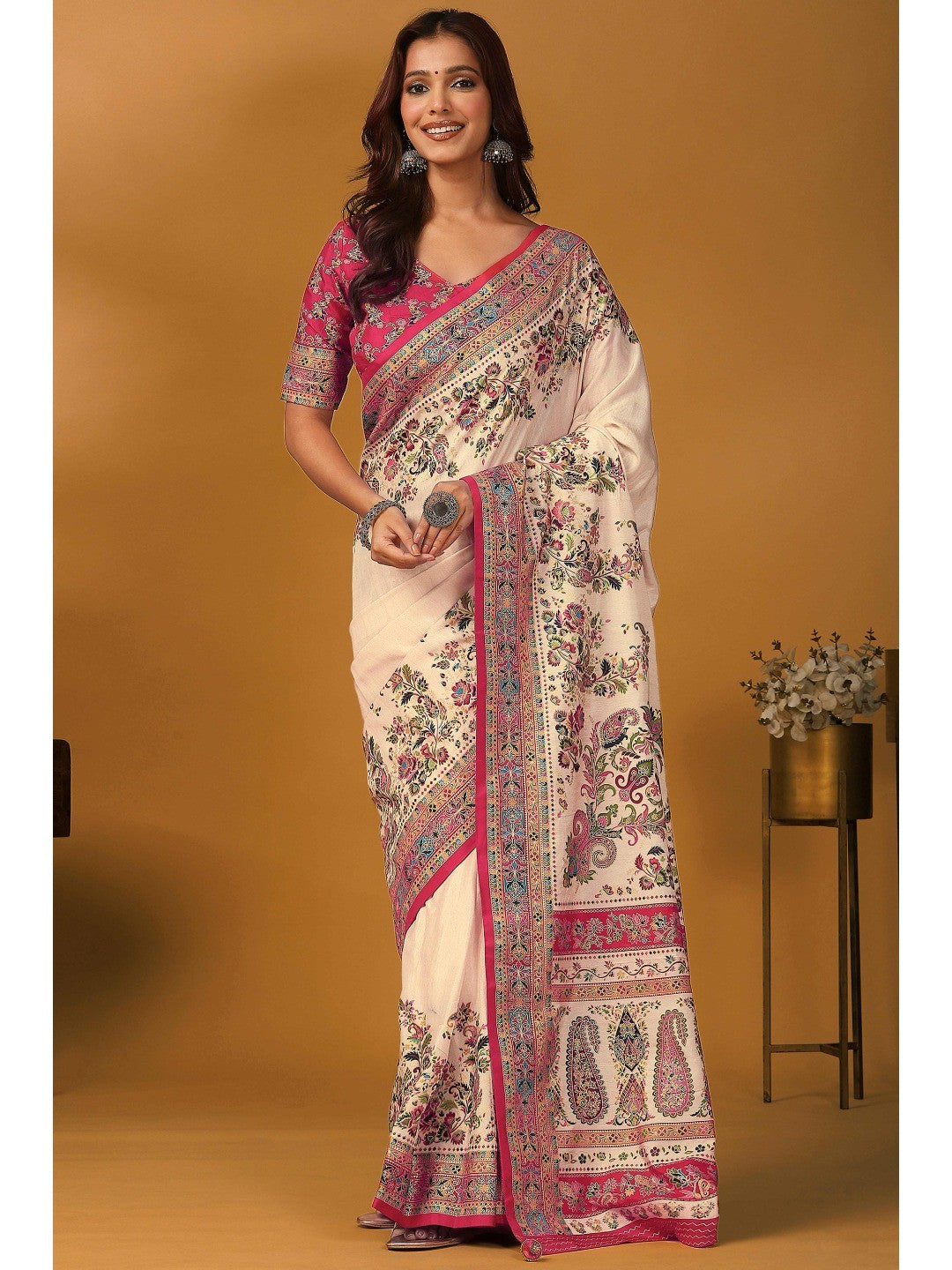 Elegant Cream Pure Viscose Dola Saree Adorned With Floral & Paisley Position Prints - Image 1