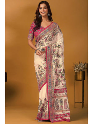 Elegant Cream Pure Viscose Dola Saree Adorned With Floral & Paisley Position Prints - Image 1
