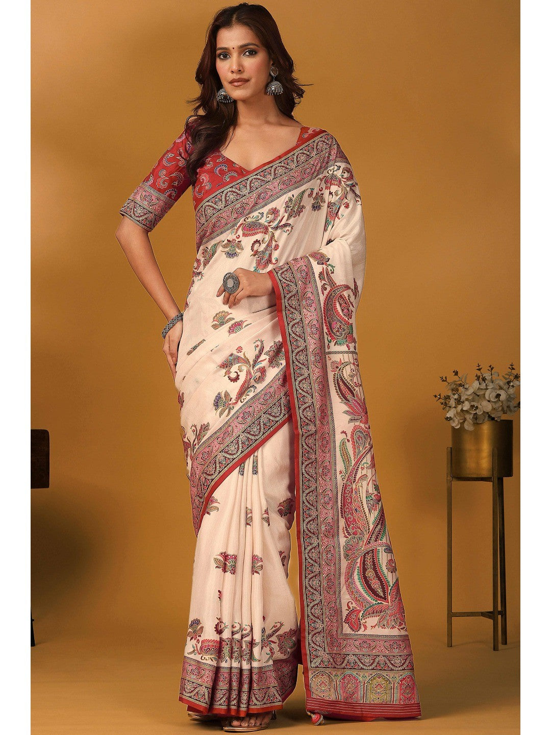 Refreshing Cream Floral & Paisley Position Printed Pure Viscose Dola Saree With Timeless Charm - Image 1