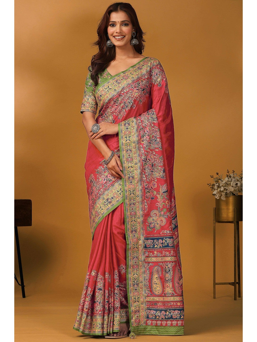 Elegant Pink Pure Viscose Dola Saree Adorned With Floral & Paisley Position Prints - Image 1