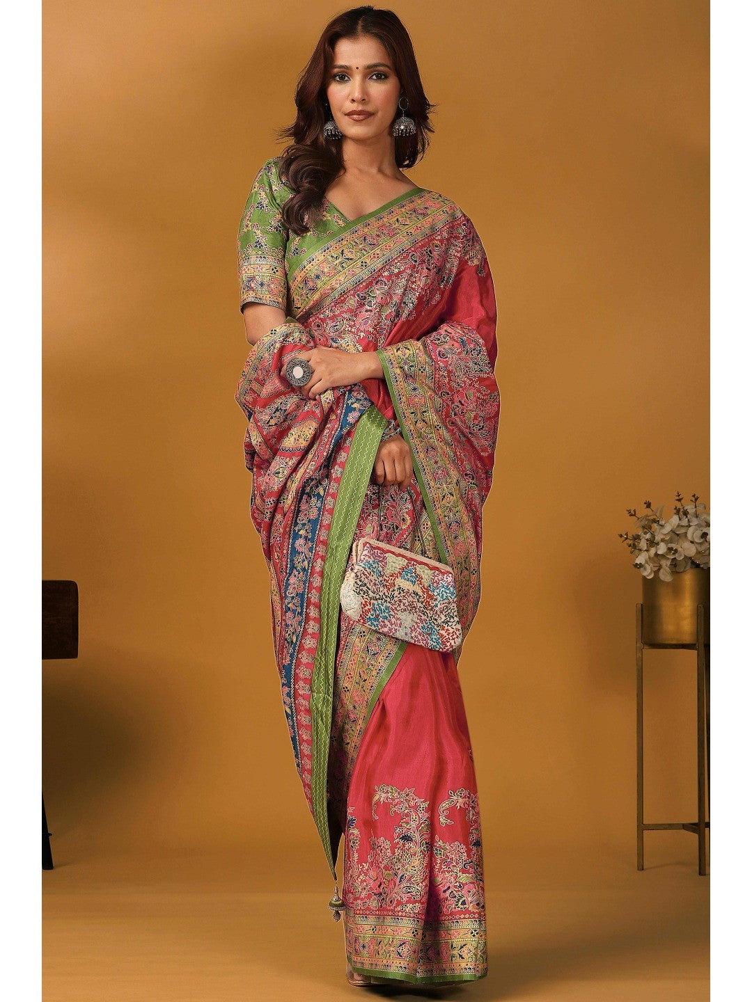 Elegant Pink Pure Viscose Dola Saree Adorned With Floral & Paisley Position Prints - Image 7
