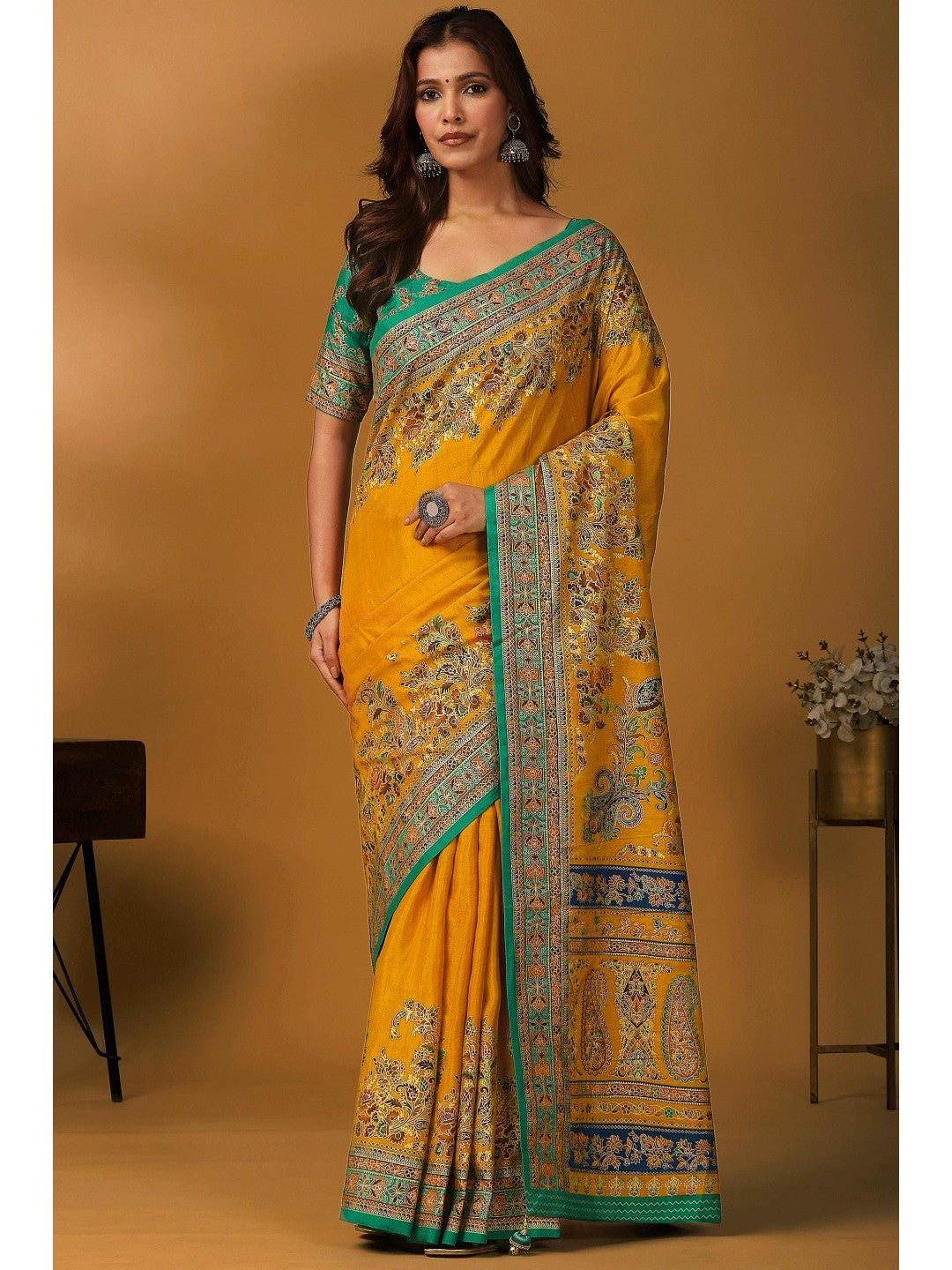 Elegant Mustard Pure Viscose Dola Saree Adorned With Floral & Paisley Position Prints - Image 1