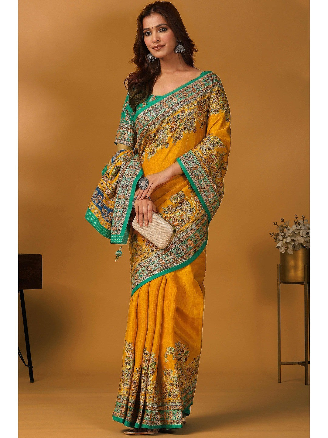 Elegant Mustard Pure Viscose Dola Saree Adorned With Floral & Paisley Position Prints - Image 3