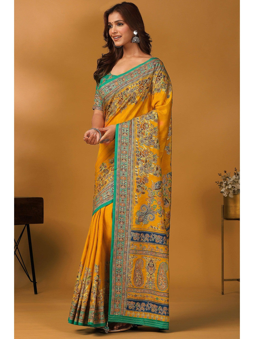 Elegant Mustard Pure Viscose Dola Saree Adorned With Floral & Paisley Position Prints - Image 2