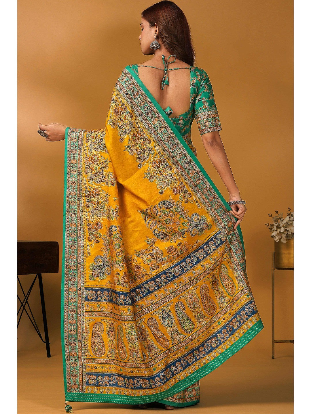 Elegant Mustard Pure Viscose Dola Saree Adorned With Floral & Paisley Position Prints - Image 7