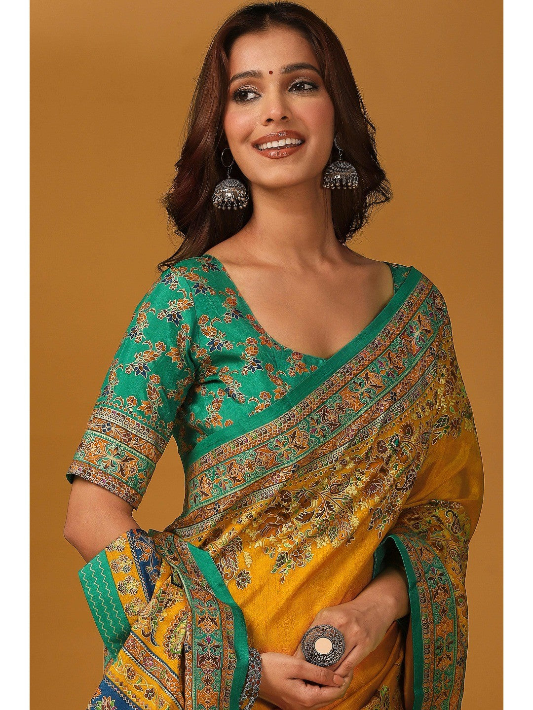 Elegant Mustard Pure Viscose Dola Saree Adorned With Floral & Paisley Position Prints - Image 8