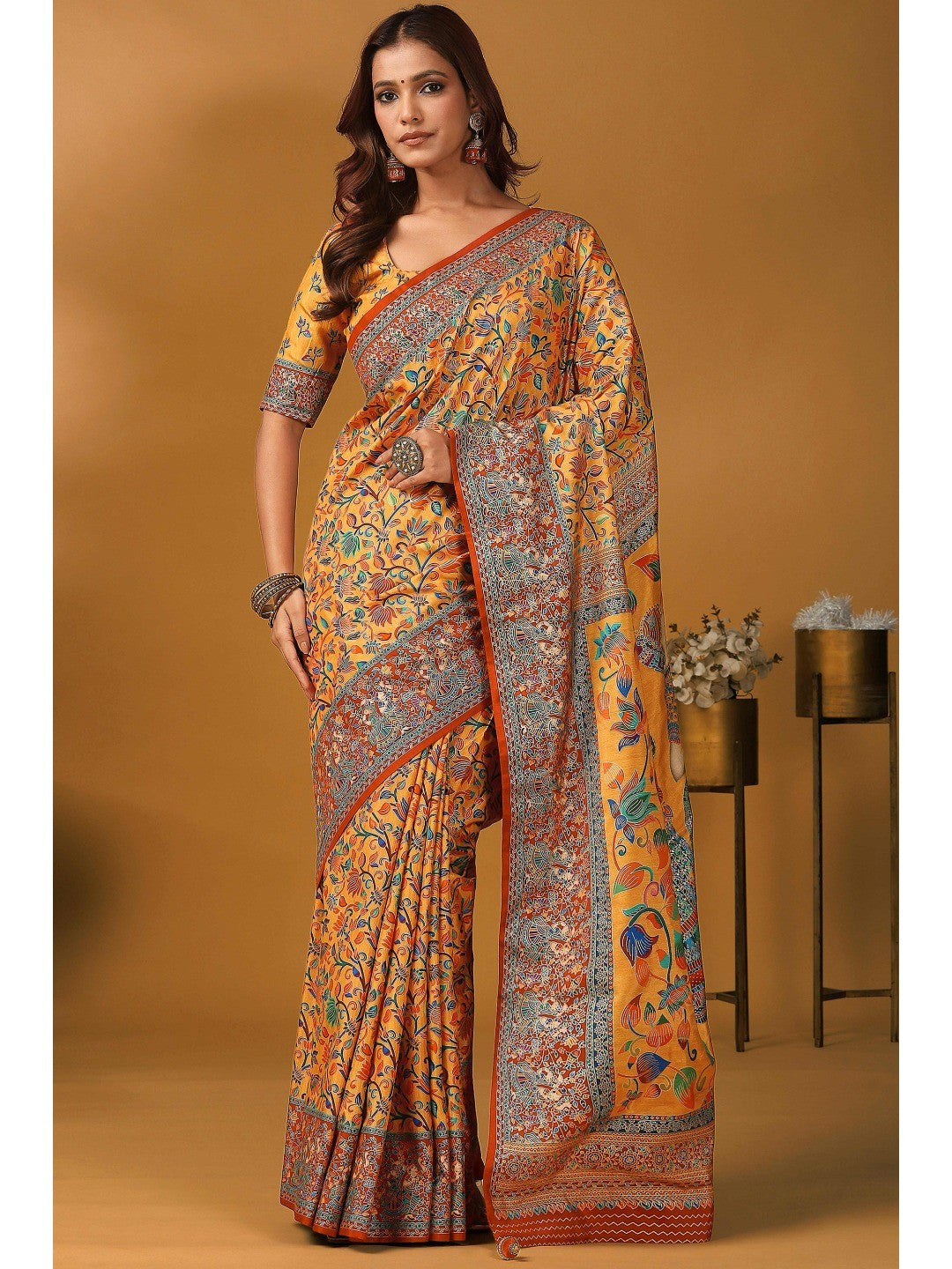 Graceful Mustard Kalamkari Art Visocse Saree With AllOver Floral Motifs & Grand Storytelling Pallu - Image 1