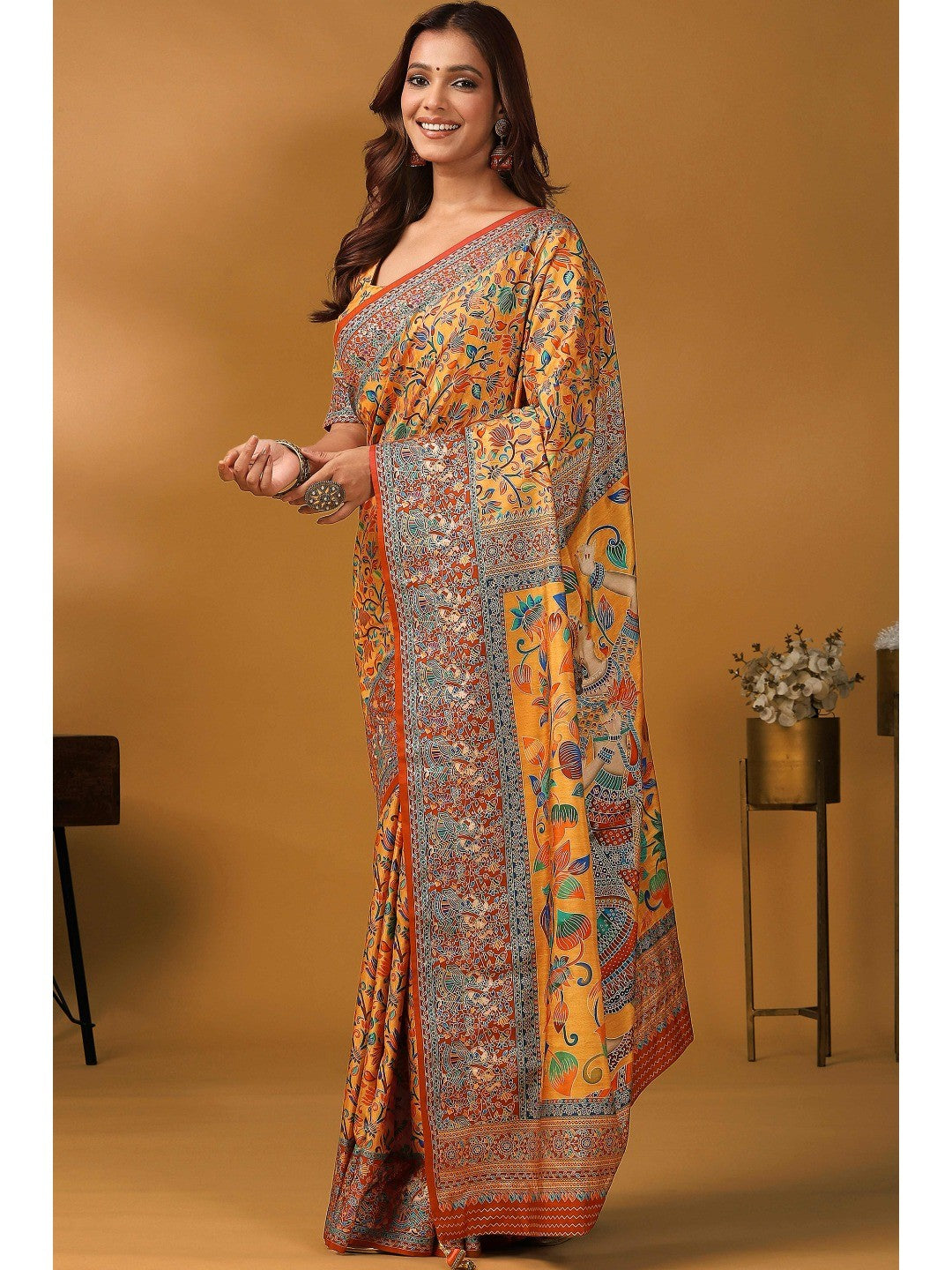 Graceful Mustard Kalamkari Art Visocse Saree With AllOver Floral Motifs & Grand Storytelling Pallu - Image 3