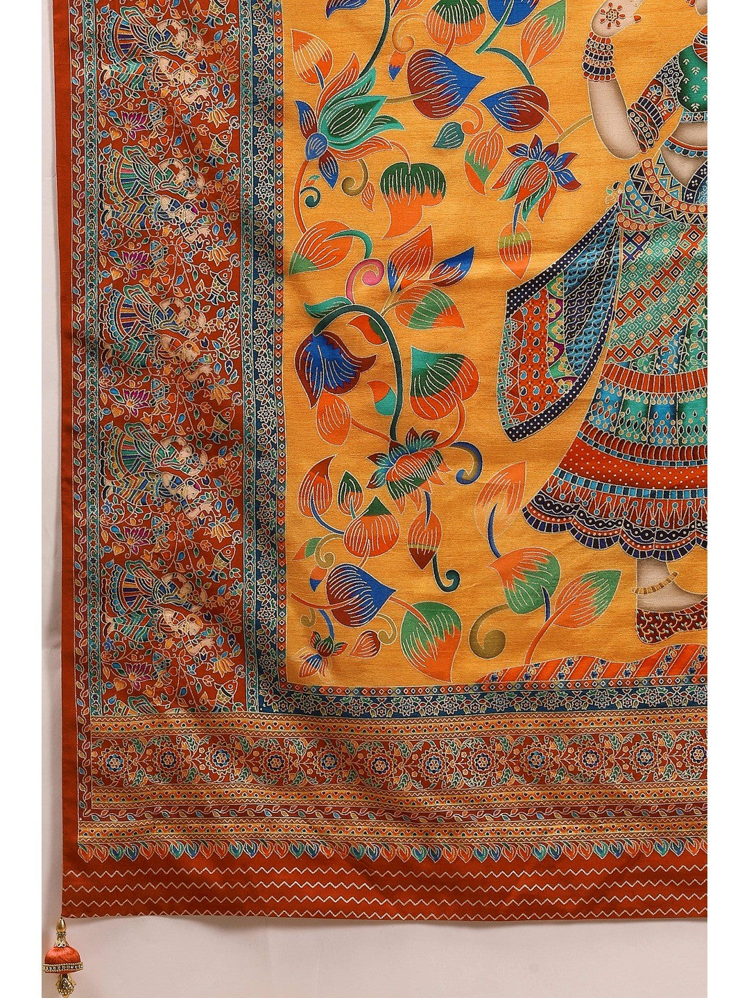 Graceful Mustard Kalamkari Art Visocse Saree With AllOver Floral Motifs & Grand Storytelling Pallu - Image 2