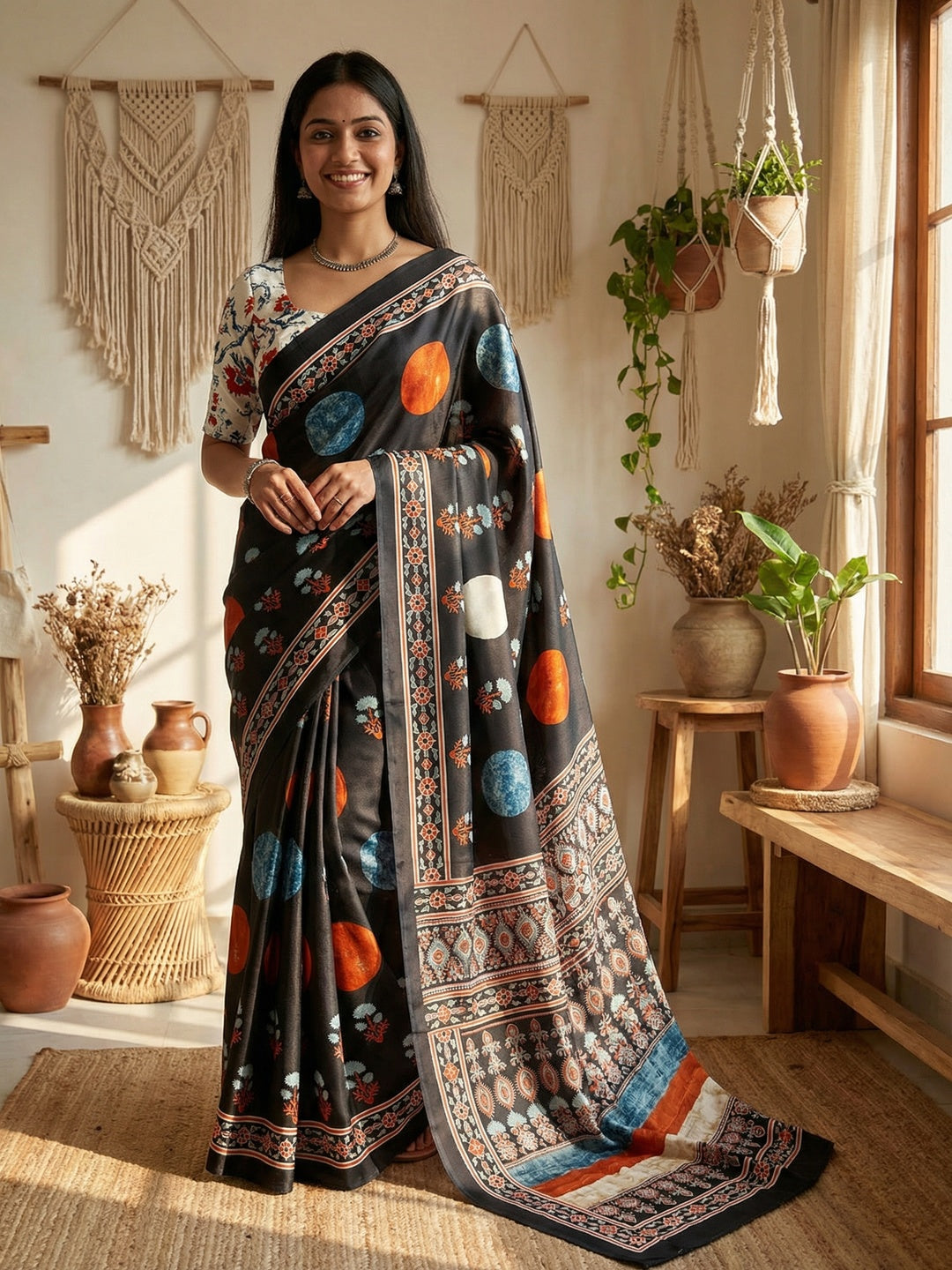 Casual Wear Black Arjakh Crepe Saree Elegant Traditional Finish - Image 1
