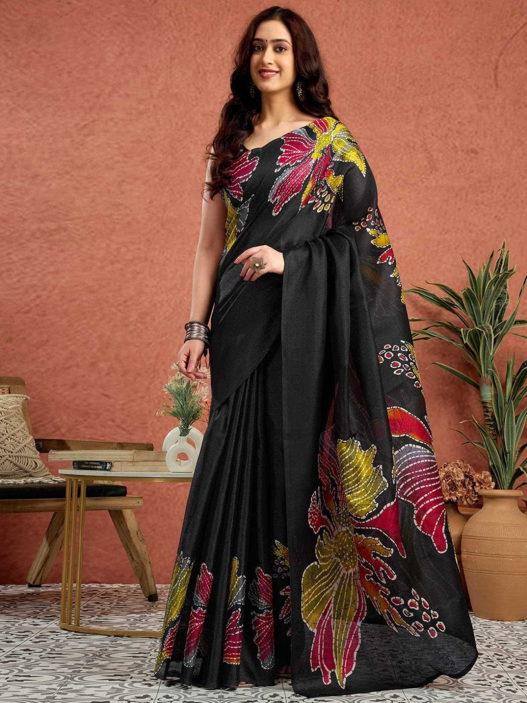 Black Floral Printed Crepe Saree with Feminine Design and Elegant Everyday to Casual Look - Image 1