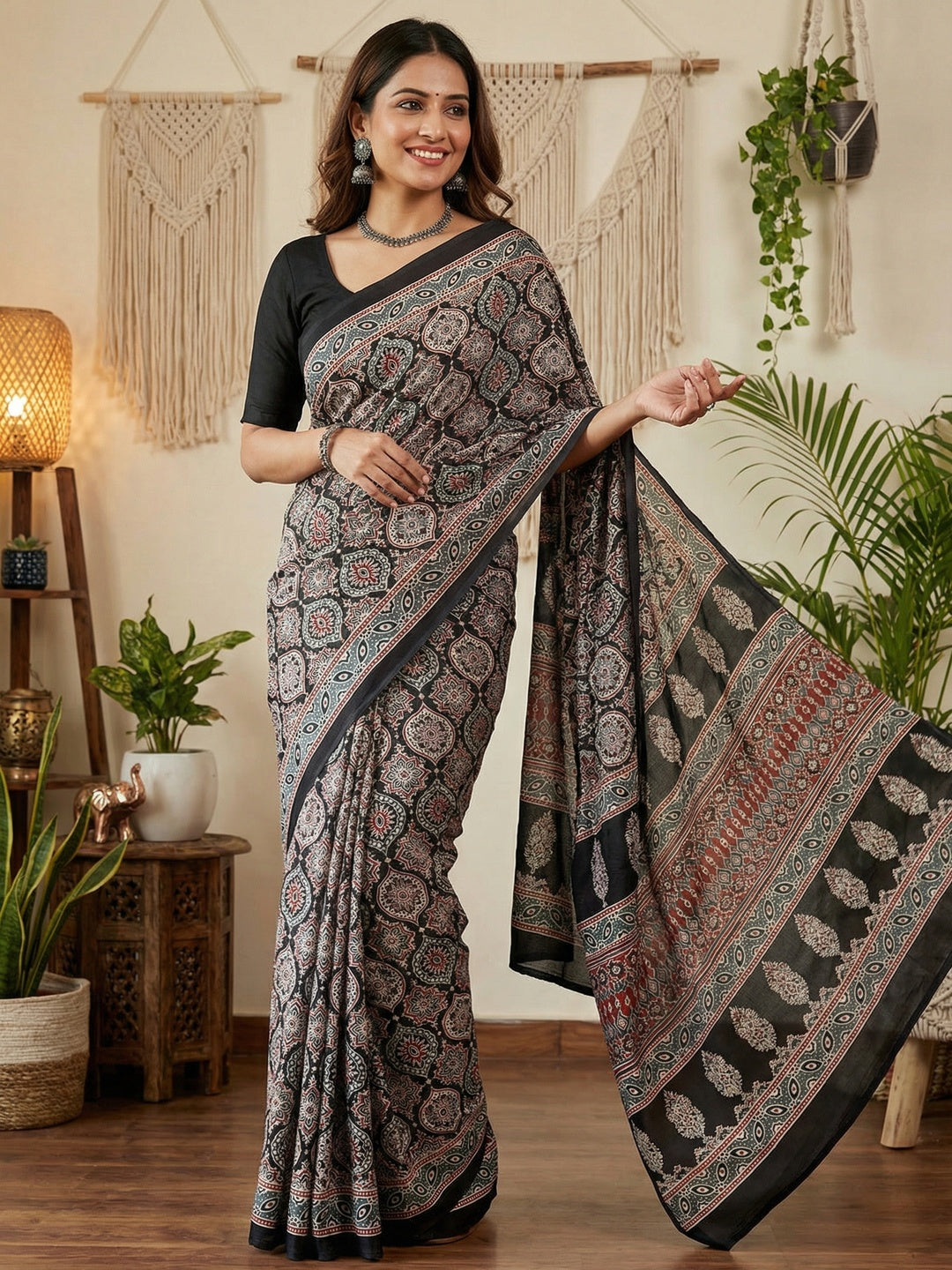Black Ajrakh Printed Crepe Saree for Casual and Festive Occasions - Image 1