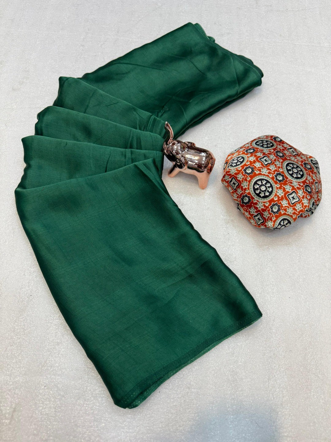 Green Crepe Saree with Heritage Inspired Ajrakh Pallu and Smooth Silky Texture Finish - Image 4