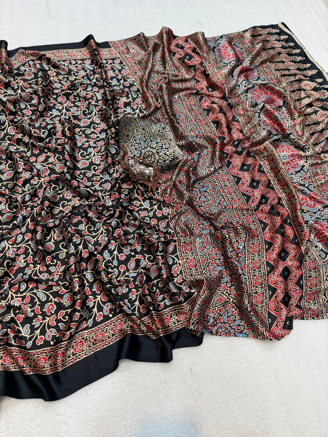 Black Floral Printed Crepe Saree with Detailed Ajrakh Pallu and Timeless Traditional Look - Image 4