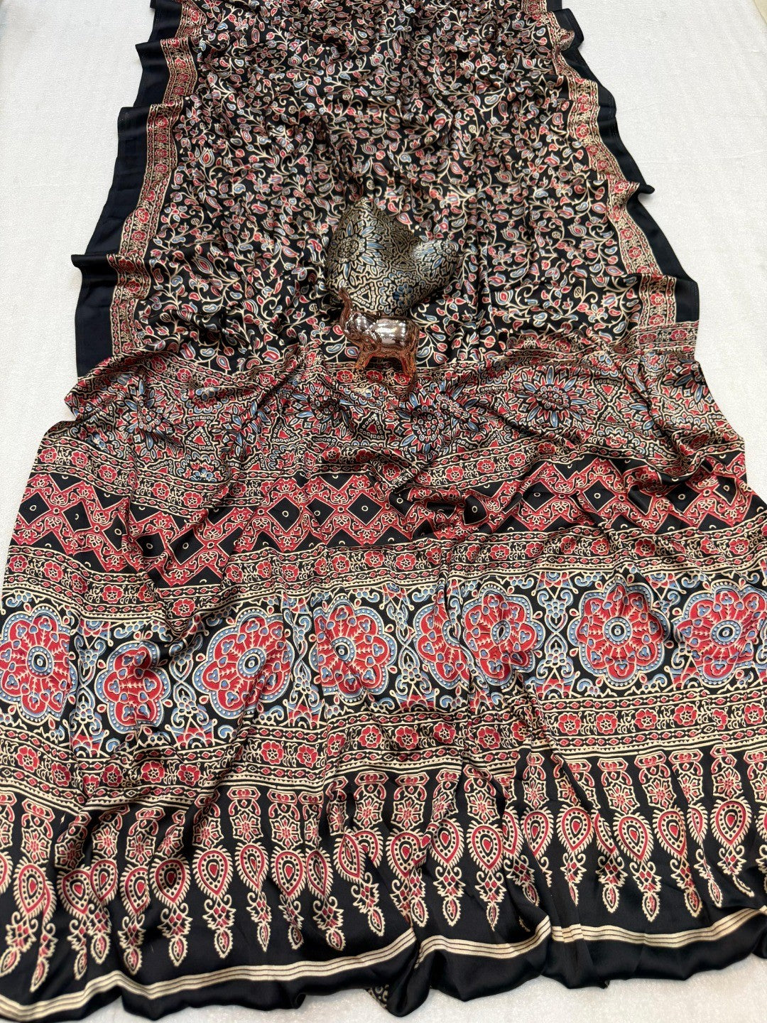 Black Floral Printed Crepe Saree with Detailed Ajrakh Pallu and Timeless Traditional Look - Image 2