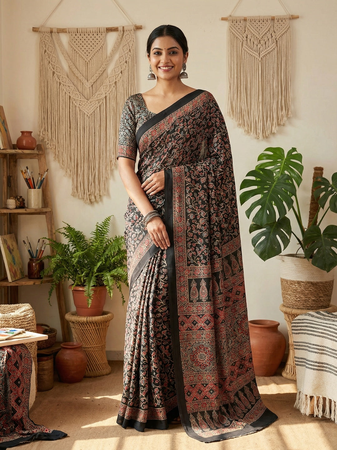 Black Floral Printed Crepe Saree with Detailed Ajrakh Pallu and Timeless Traditional Look - Image 1