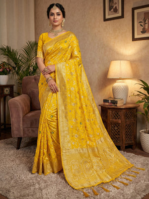 Luxurious Yellow Floral Weaving Dola Silk Saree With Handcrafted Tassel Pallu Finish - Image 1