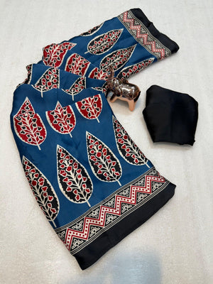 Blue Ajrakh Printed Crepe Saree with Detailed Ajrakh Pallu and Timeless Traditional Look - Image 2