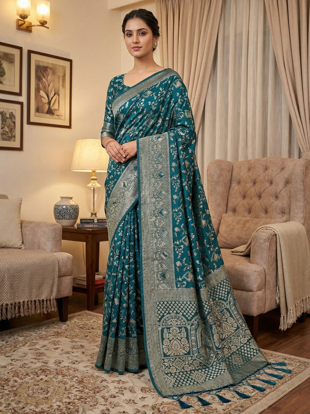 Luxurious Teal Blue Floral Weaving Dola Silk Saree With Handcrafted Tassel Pallu Finish - Image 1