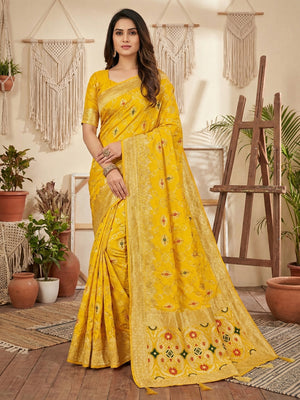 Elegant Yellow Jacquard Weaved Dola Silk Saree Featuring Zari Motifs & Ornate Paisley Pallu Work - Image 1