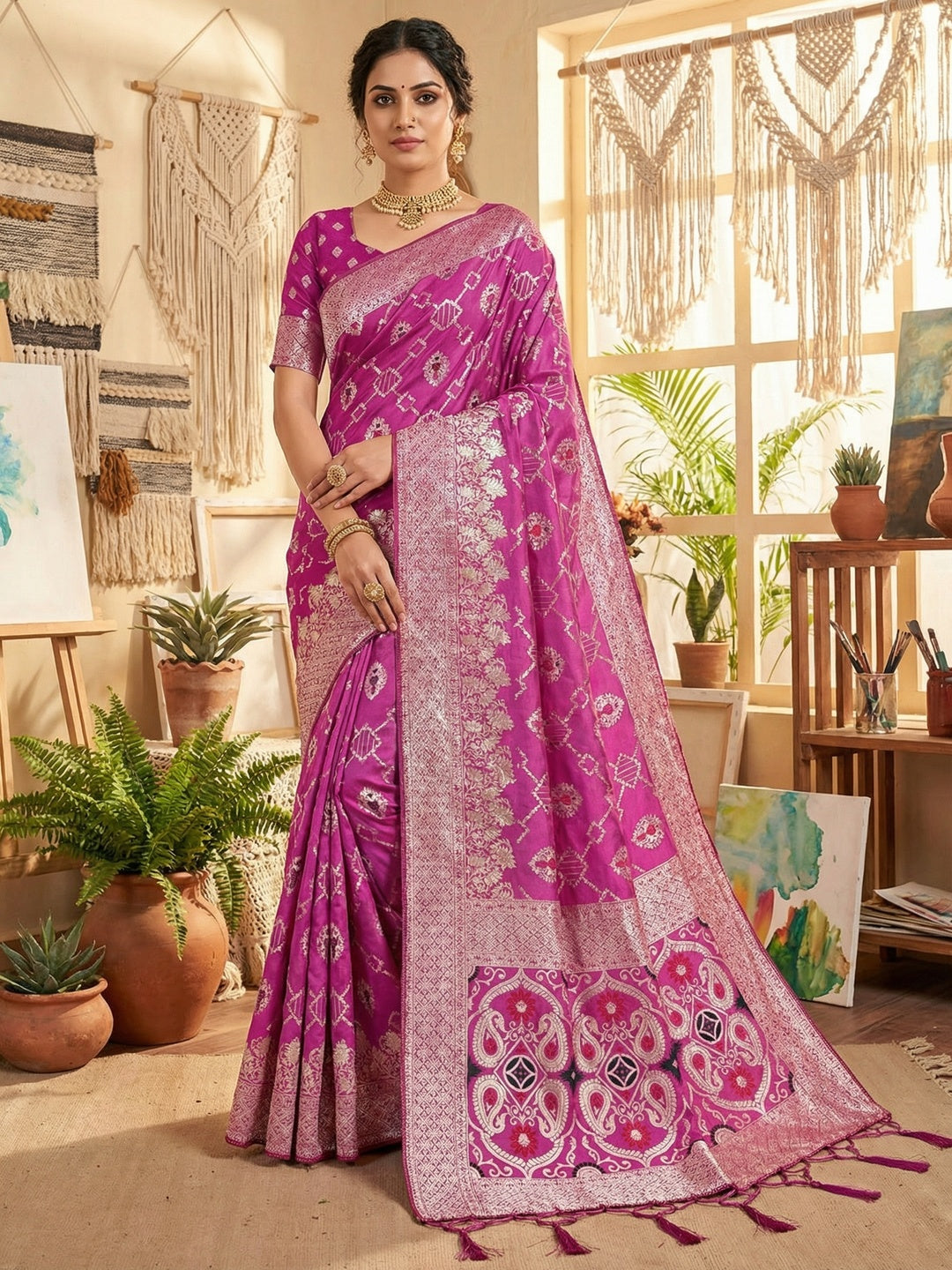 Elegant Magenta Jacquard Weaved Dola Silk Saree Featuring Zari Motifs & Ornate Paisley Pallu Work - Image 1
