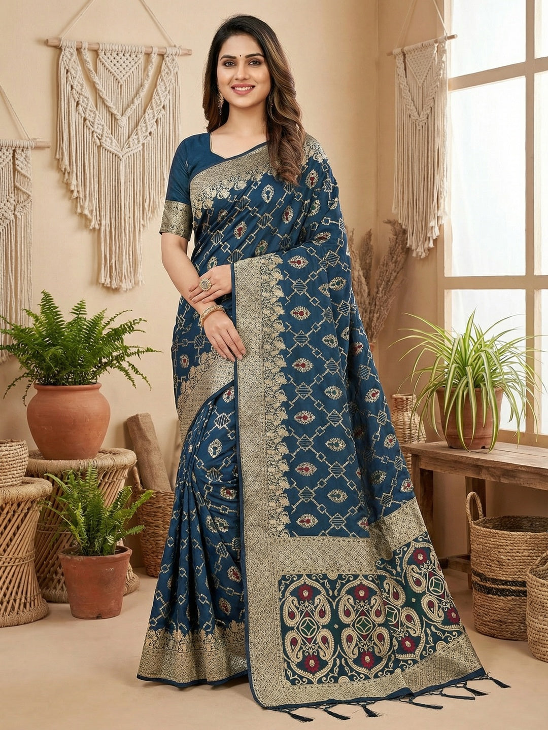 Elegant Blue Jacquard Weaved Dola Silk Saree Featuring Zari Motifs & Ornate Paisley Pallu Work - Image 1