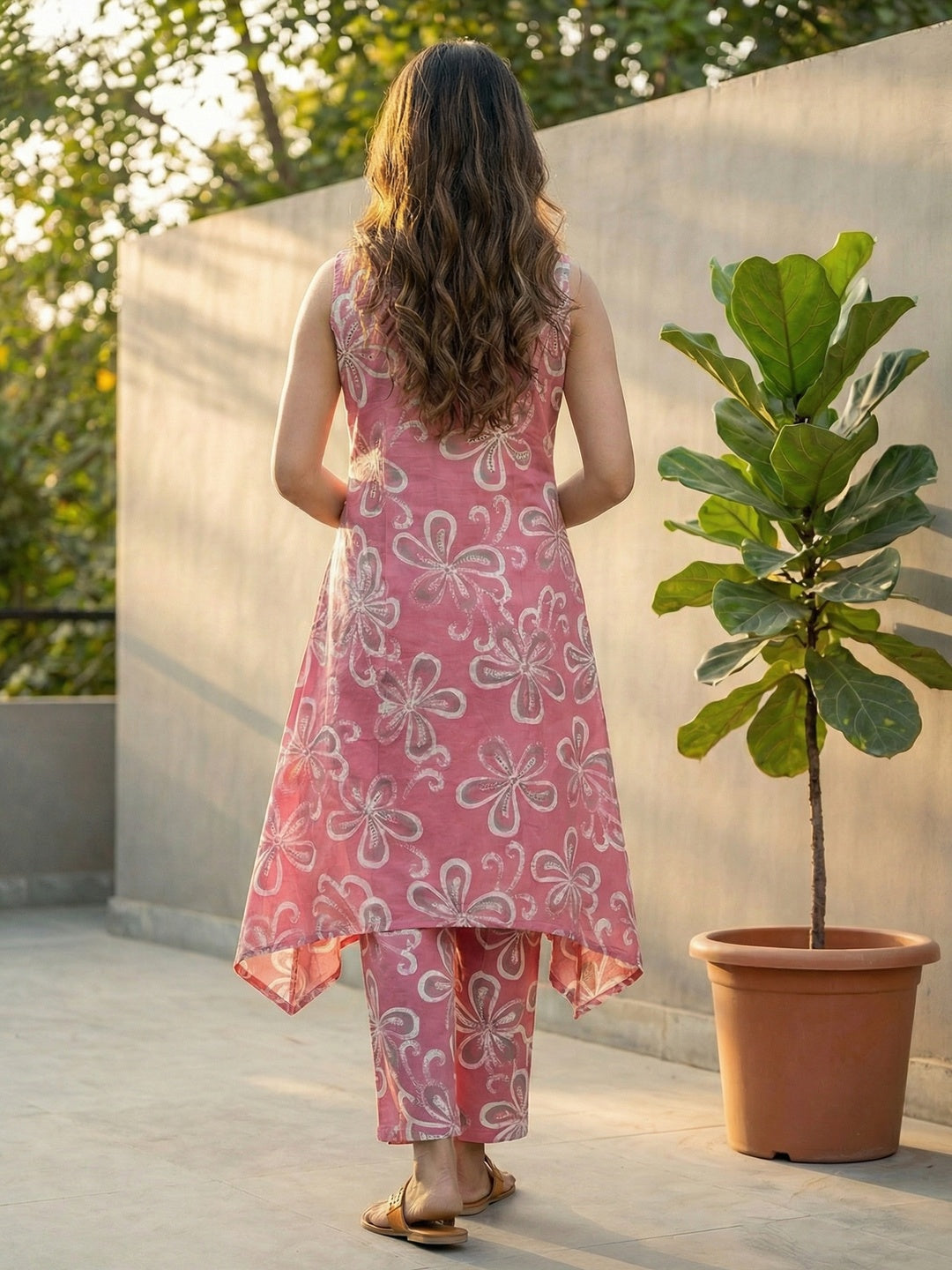 Pink Floral Printed Pure Cotton A-Line Top Bottom Set - Image 3
