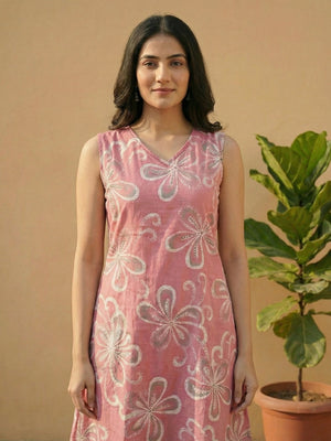 Pink Floral Printed Pure Cotton A-Line Top Bottom Set - Image 2