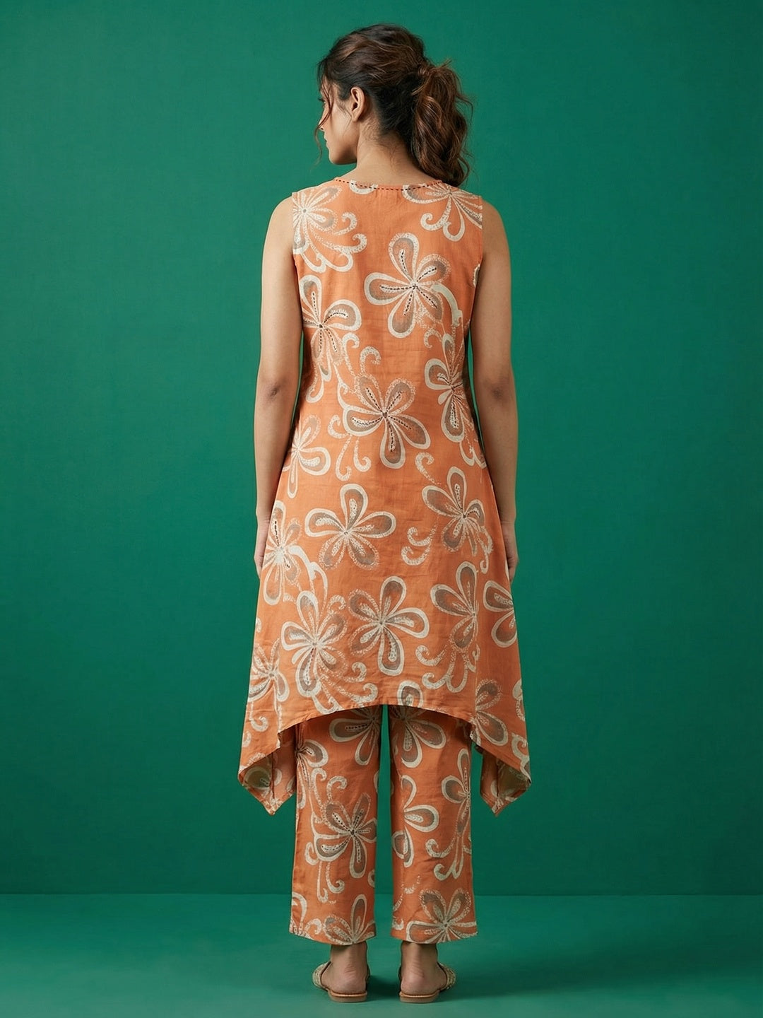 Orange Floral Printed Pure Cotton A-Line Top Bottom Set - Image 3