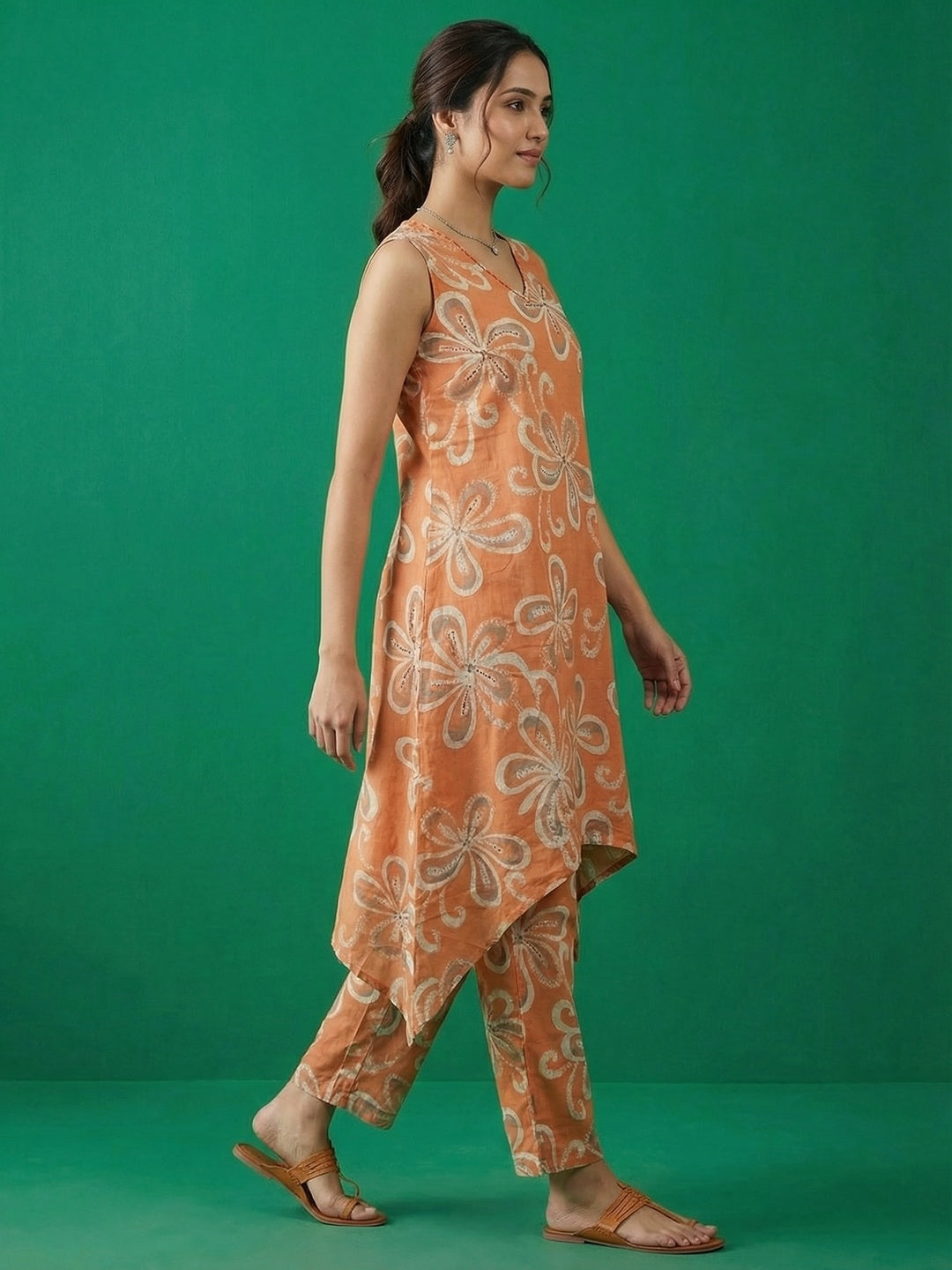 Orange Floral Printed Pure Cotton A-Line Top Bottom Set - Image 4