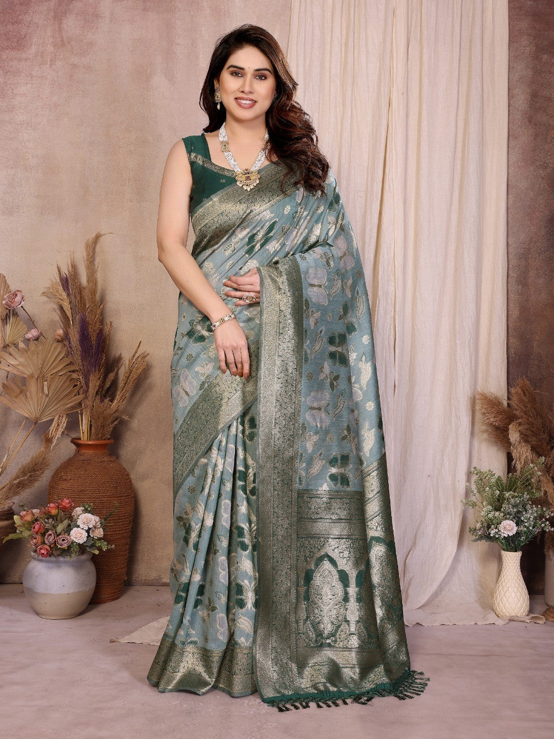 Graceful Green Floral & Butterfly Motifs Zari Woven Pure Cotton Saree With Designer Tassel Pallu - Image 1