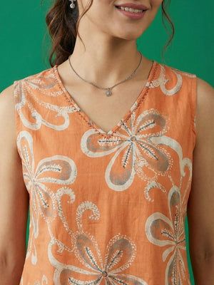 Orange Floral Printed Pure Cotton A-Line Top Bottom Set - Image 2