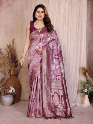 Graceful Purple Floral & Butterfly Motifs Zari Woven Pure Cotton Saree With Designer Tassel Pallu - Image 1