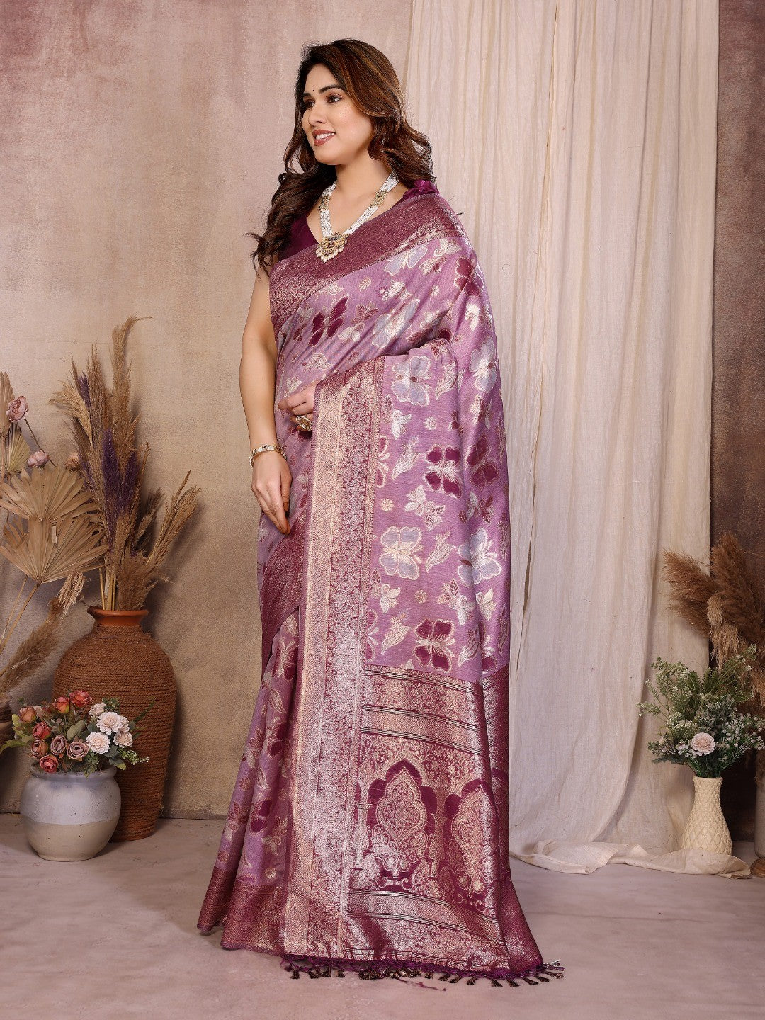 Graceful Purple Floral & Butterfly Motifs Zari Woven Pure Cotton Saree With Designer Tassel Pallu - Image 2
