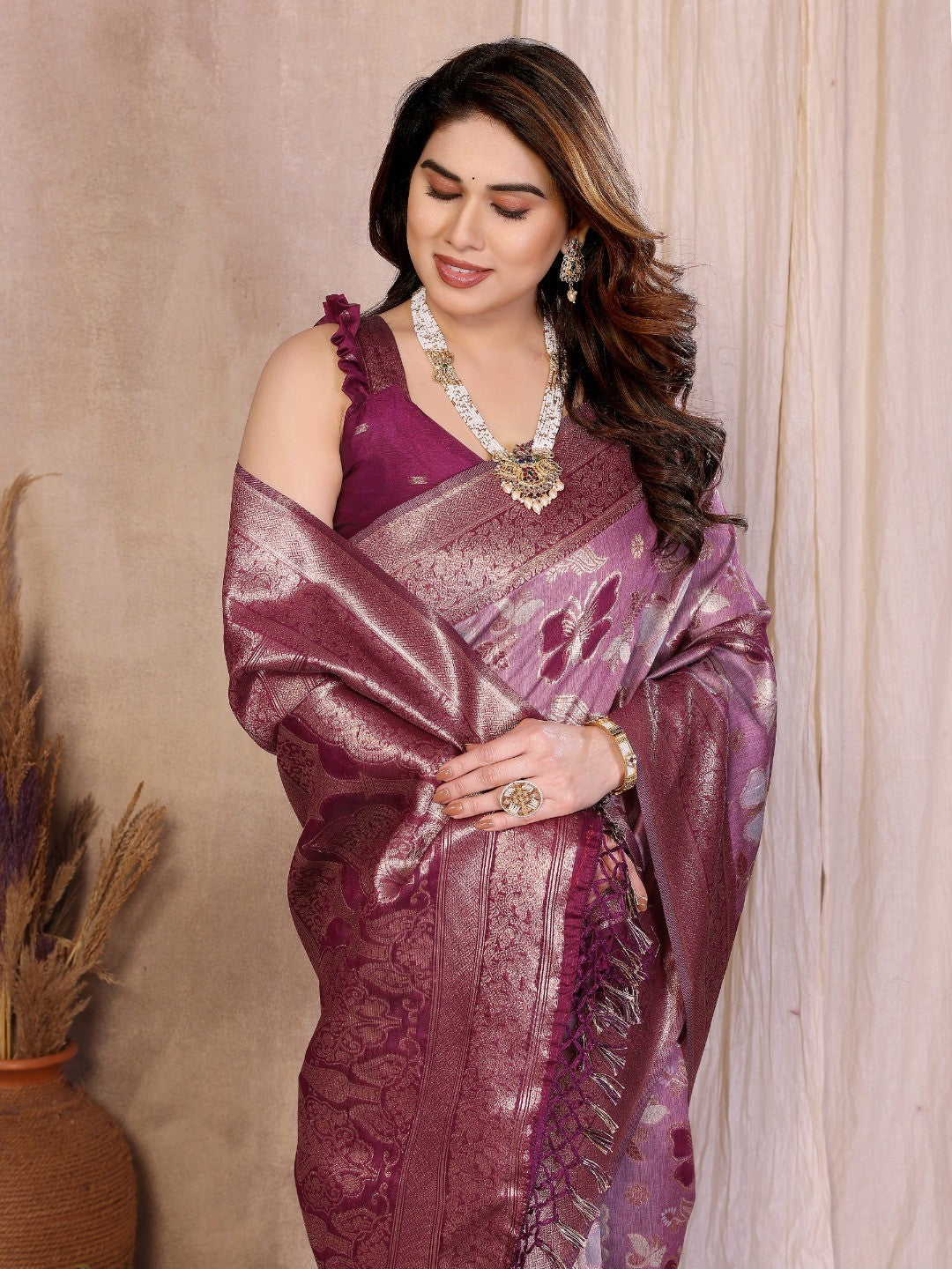 Graceful Purple Floral & Butterfly Motifs Zari Woven Pure Cotton Saree With Designer Tassel Pallu - Image 2