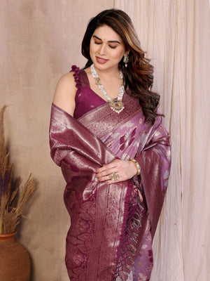 Graceful Purple Floral & Butterfly Motifs Zari Woven Pure Cotton Saree With Designer Tassel Pallu - Image 2