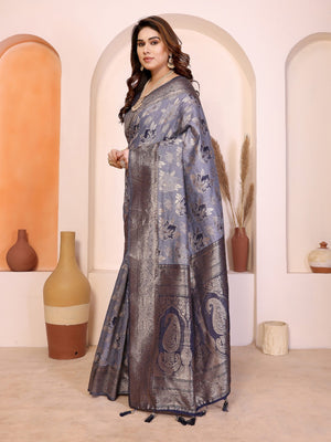 Classic Blue Jacquard Weaving Pure Cotton Saree With Elegant Floral Motifs & Tassel Pallu - Image 2