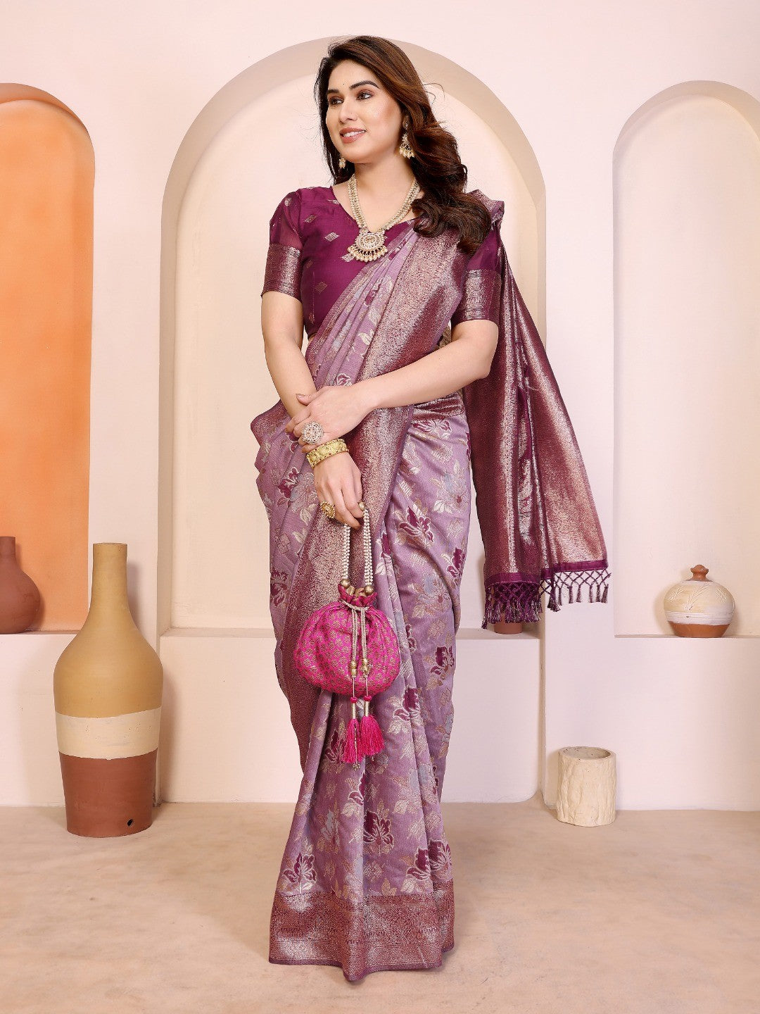 Classic Purple Jacquard Weaving Pure Cotton Saree With Elegant Floral Motifs & Tassel Pallu - Image 1