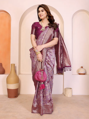 Classic Purple Jacquard Weaving Pure Cotton Saree With Elegant Floral Motifs & Tassel Pallu - Image 1
