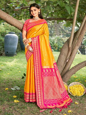 Elegant Mustard Ethnic Motifs Zari Silk Blend Saree for Festive Occasions - Image 1
