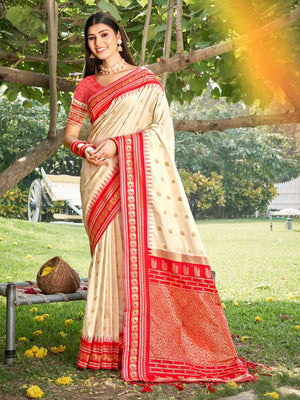 Elegant Cream Ethnic Motifs Zari Silk Blend Saree for Festive Occasions - Image 1