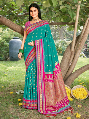 Elegant Rama Green Ethnic Motifs Zari Silk Blend Saree for Festive Occasions - Image 1